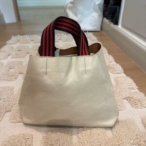 Clare V Cream Tote with Red and Black Striped Handles